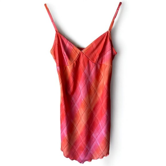 VTG 90s Y2K Pink Orange Plaid Spaghetti Strap Bodycon Mini Dress S Tempted - Picture 1 of 8
